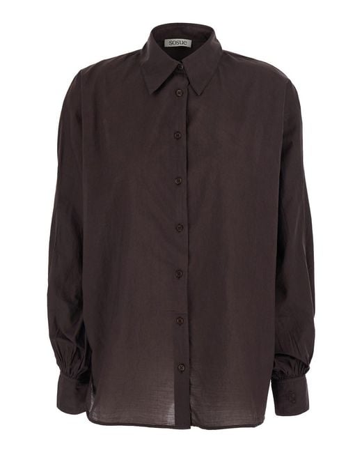 SOSUE Brown 'Antonia' Shirt With Classic Collar And Logo Embroidery On