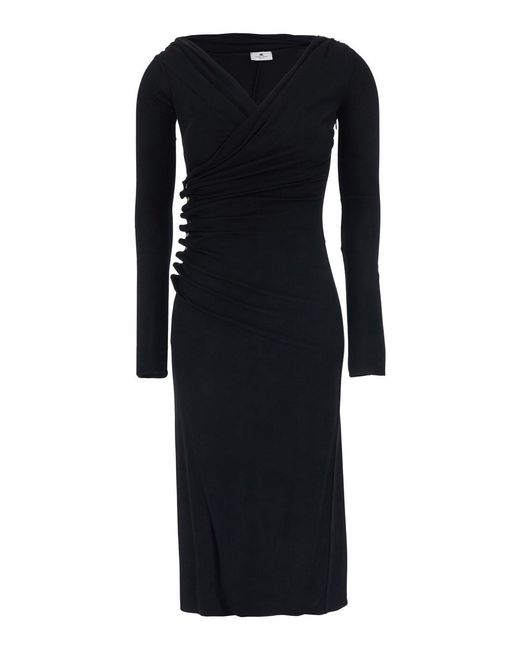 Elisabetta Franchi Black Draped Dress With Asymmetric Hem And V Neck I