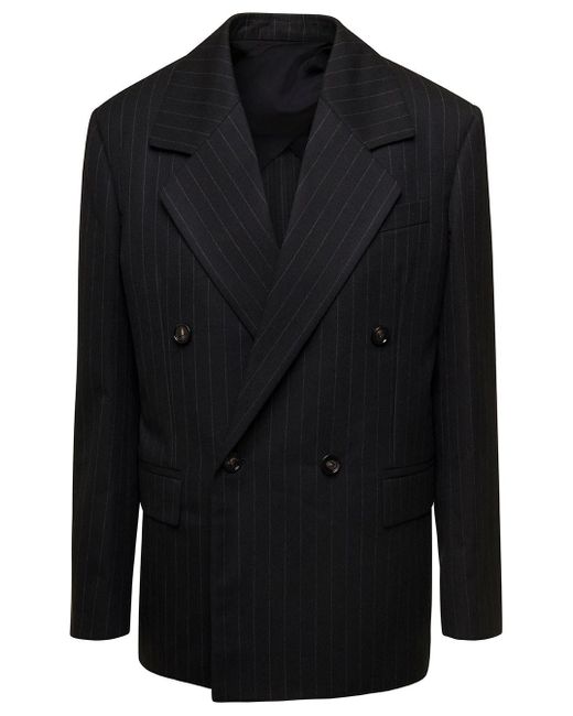Bottega Veneta Black Pinstripe Double-breasted Jacket With Wide Revers In Wool