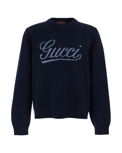Gucci Blue Crewneck Sweater With Logo Embroidery On The Front for men