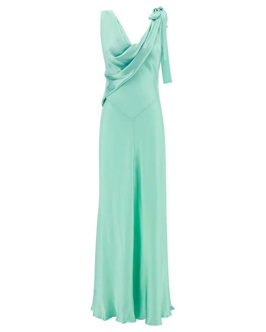 Alberta Ferretti Green Light Long Draped Dress With V Neckline