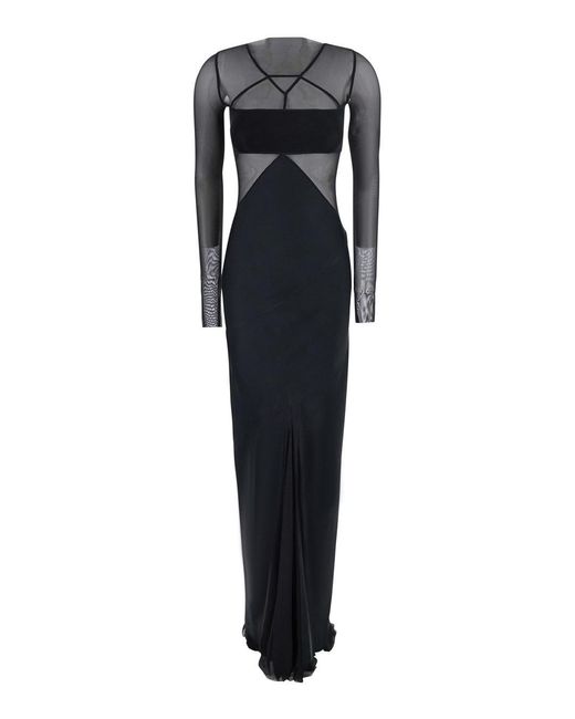 Rick Owens Black Long Dress With Boat Neckline And Geometric Seams In