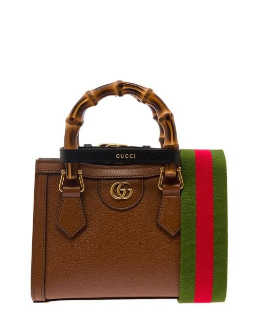 Gucci 'diana' Mini Brown Shopping Bag With Bamboo Handles And Double G Detail In Leather