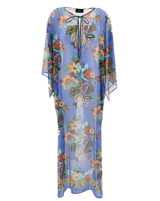 Etro Blue Long Kaftan With Bouquet-Inspired Print