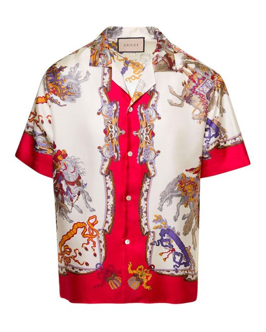 Gucci Red White Bowling Shirt With Ed Graphic Print All-over In Silk Man for men