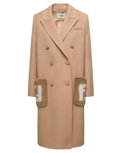 Fendi Natural Double Brested Coat With Mink Pockets