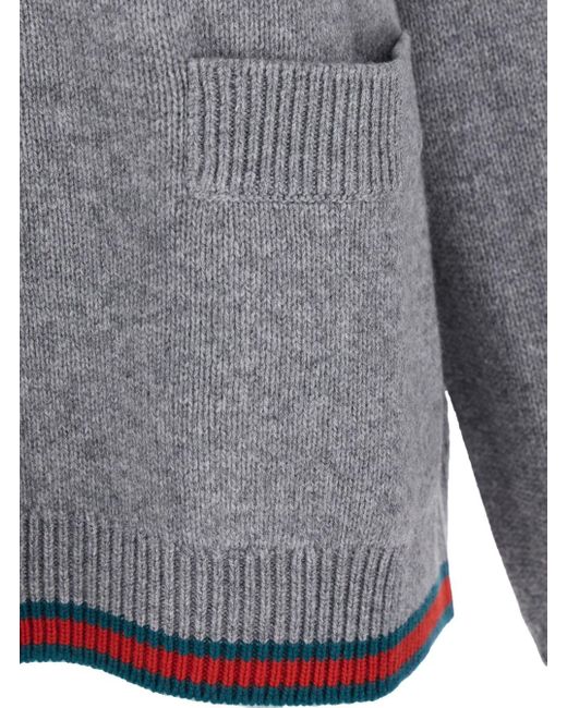 Gucci Gray Cardigan With Pointed Collar And Web Detailing On Edges