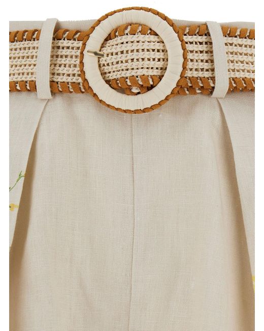Zimmermann Natural White Shorts With Floreal Print And Belt In Linen Woman