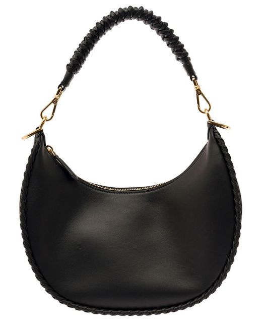 Fendi Black 'graphy Small' Hobo Bag With Tonal Lettering In Leather