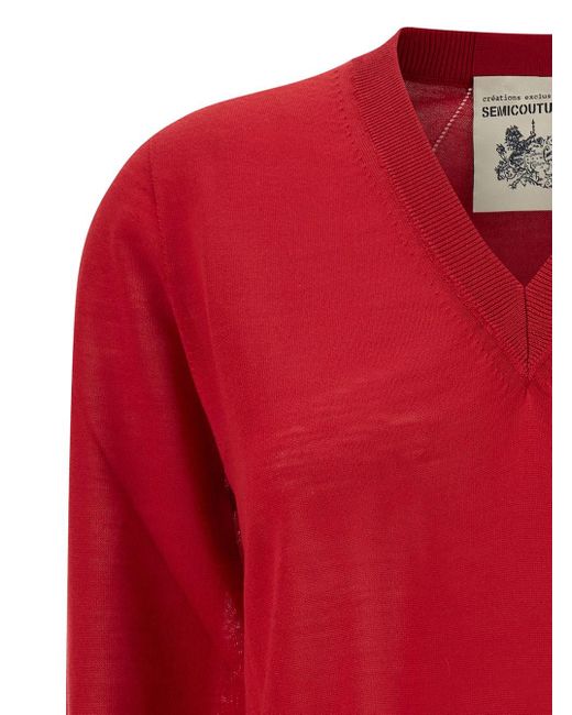Semicouture Red 'Nikita' Pullover With V Neckline And Ribbed Trim