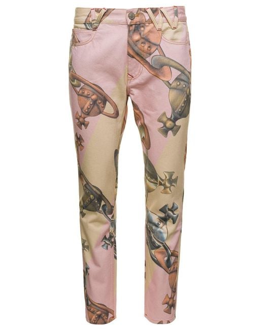 Vivienne Westwood Tapered Classic Trousers With All-over Orb Graphic Print In Pink Cotton Man for men