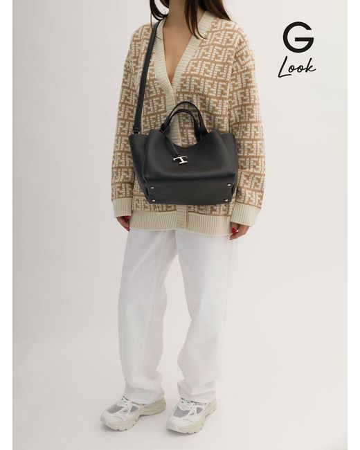 Tod's Black Handbag With Embossed Logo And T Timeless Charm In Grainy Leather Woman