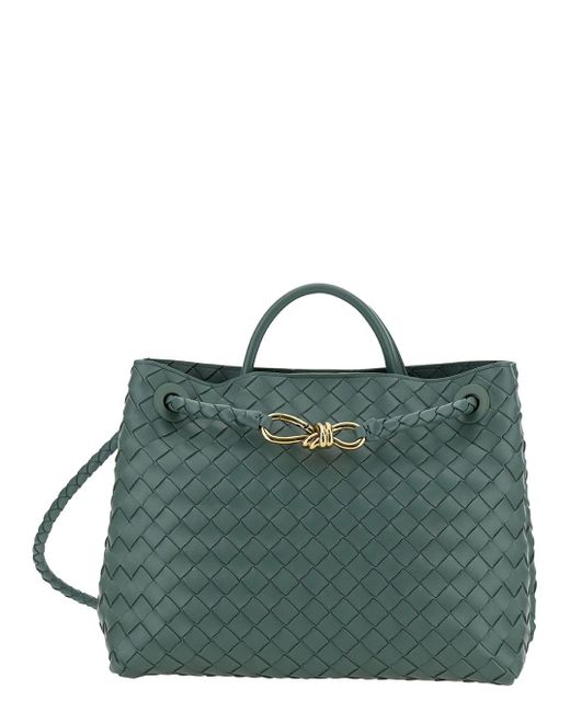 Bottega Veneta Green 'medium Andiamo' Handbag With Knot Detail And Intreccio Motif In Leather
