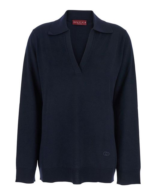 Gucci Blue Polo Collar Sweater With Gg Logo On The Front