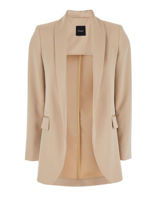 Plain Natural Open Jacket With Shawl Neckline