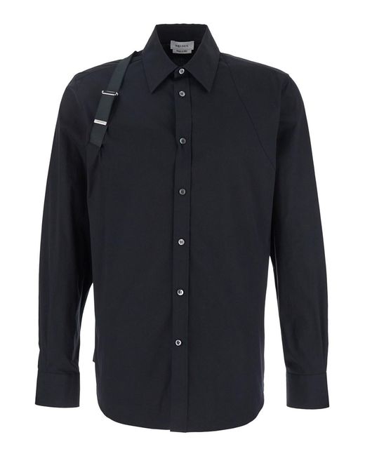 McQueen Blue 'Harness' Shirt With Clasic Collar And Strap Detail On The Sleeve for men