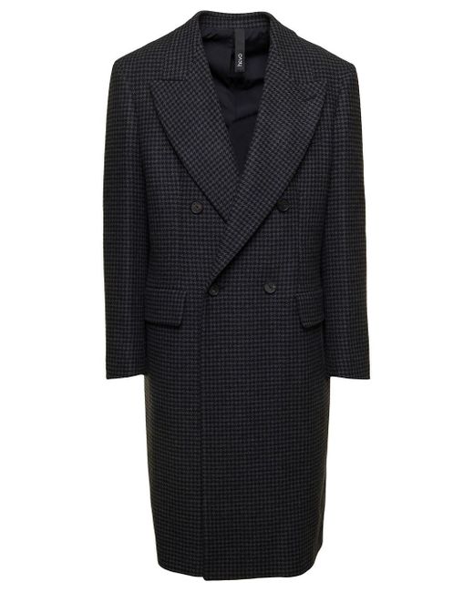 Hevò Black Double-breasted Coat With Houndstooth Pattern In Wool Blend for men
