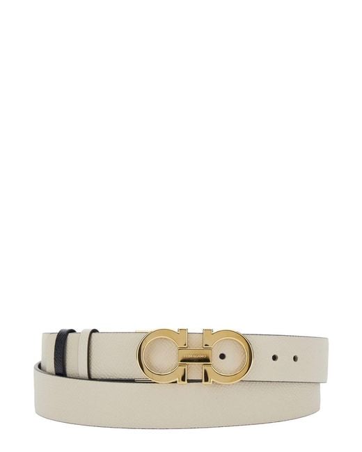 Ferragamo White Belt With Gancini Buckle With Logo Lettering