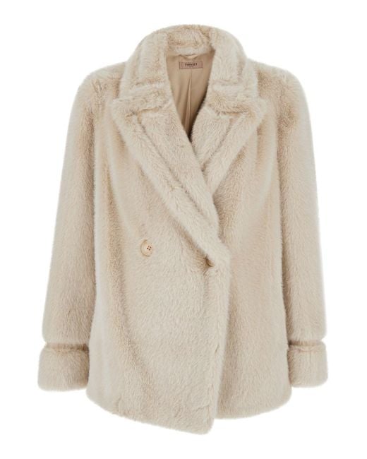 Twinset Natural Double-Breasted Coat With Peak Revers