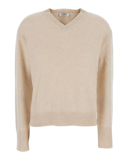 Max Mara Natural Fata Sweater With V-Neck And Long Sleeves