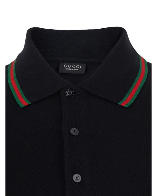 Gucci Black Polo Shirt With Web Collar And Short Sleeves for men