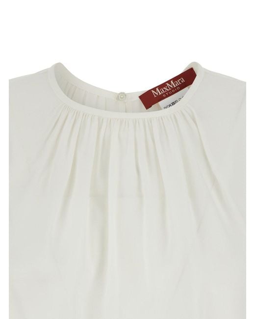 Max Mara White Silk Blouse With Round Neck And Ruffle Details Fo