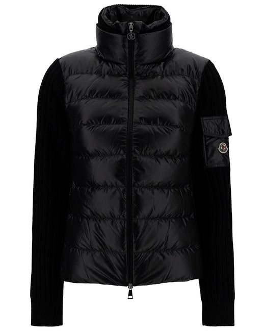 Moncler Black Down-Filled Cardigan With High Neck And Logo Patch