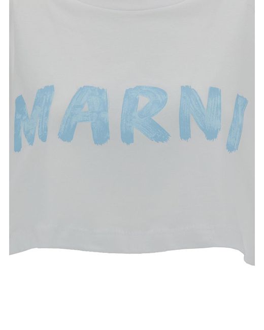 Marni Blue White Cropped T-shirt With Logo Print In Cotton Woman