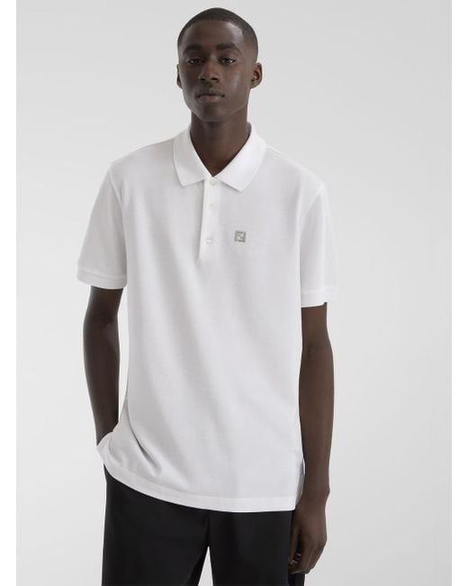 Fendi White Polo Shirt With Classic Collar And Metallic Ff Plaque On The Front for men