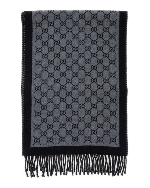 Gucci Gray Scarf With Fringed Hem And All-Over Gg Motif for men