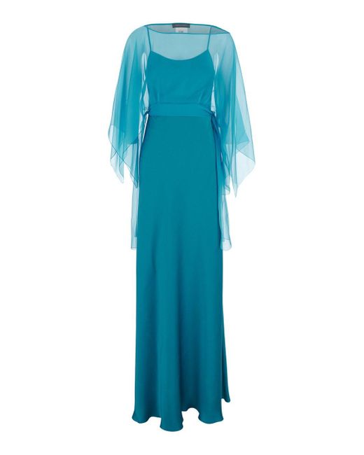 Alberta Ferretti Blue Long Satin Dress With Removable Chiffon Cape Top