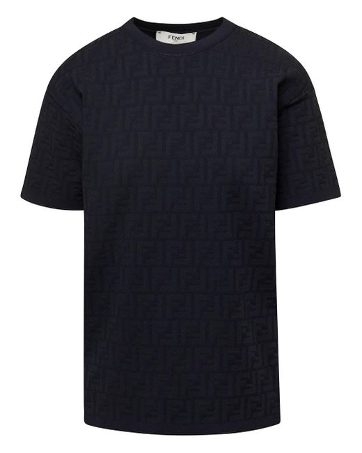 Fendi Black Crewneck T-shirt With Monogram Logo Motif All-over In Viscose Woman