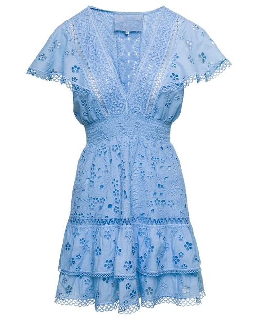 Temptation Positano Blue Embroidered V-neck Mini Dress In Light-e Cotton Woman