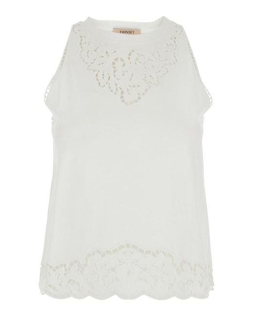 Twinset White Top With Cotton Lace Details For