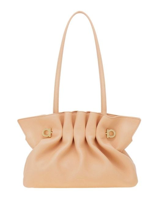 Ferragamo Natural Crossbody Bag With Chain-Link Handle And Gancini Plaque On The Front