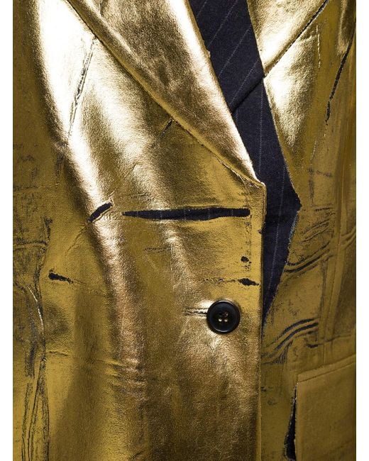 Dries Van Noten Green Double-Breasted Pinstripe Jacket With Laminated Print