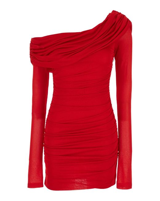Blumarine Red One-Shoulder Short Dress With Ruffles