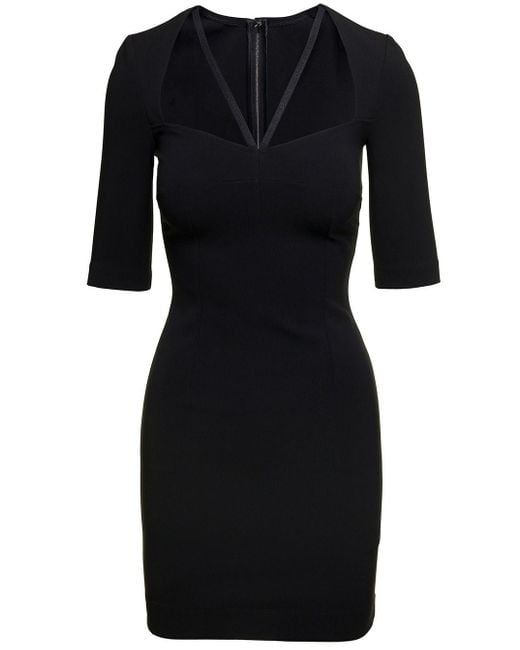 Dolce & Gabbana Black Mini Dress With Short Sleeves And Neckline Detail