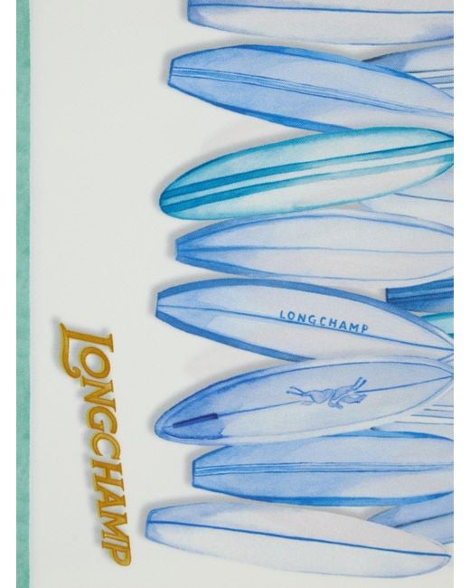 Longchamp Blue Square Silk Scarf With Logo Lettering And All-Over Pattern For