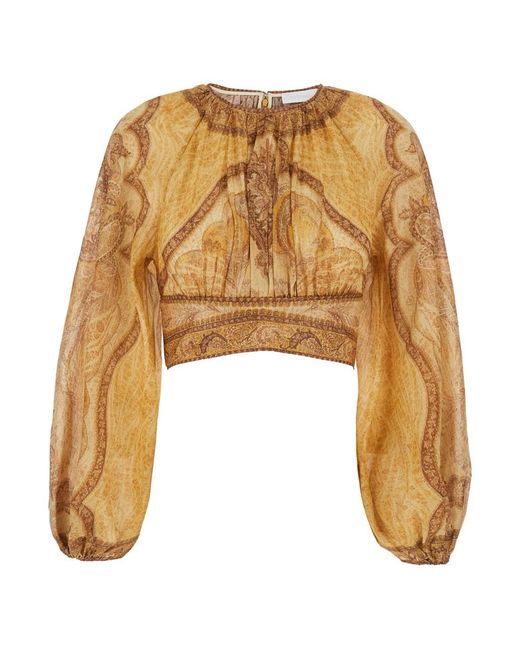 Zimmermann Natural 'Wanderlust' Cropped Top With Puffed Long Sleeves And All-Over Paisley Motif