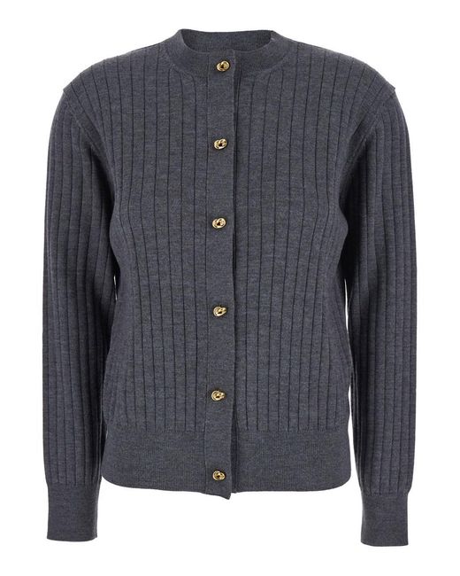 Bottega Veneta Black Crewneck Cardigan With Knot Buttons Closure And Ribbed Knit