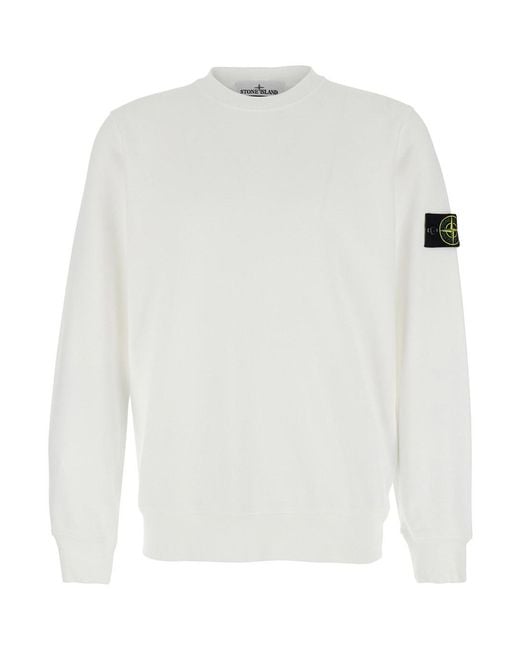 Stone Island White Crewneck Sweatshirt With Logo Patch On Sleeve for men