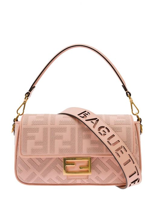 Fendi Pink 'baguette' Shoulder Bag With All-over Raised Ff Embroidered Motif In Canvas Woman