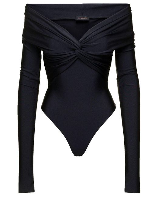 The Andamane Blue 'kendall' Off-shoulder Bodysuit With Twist Detail In Stretch Polyamide