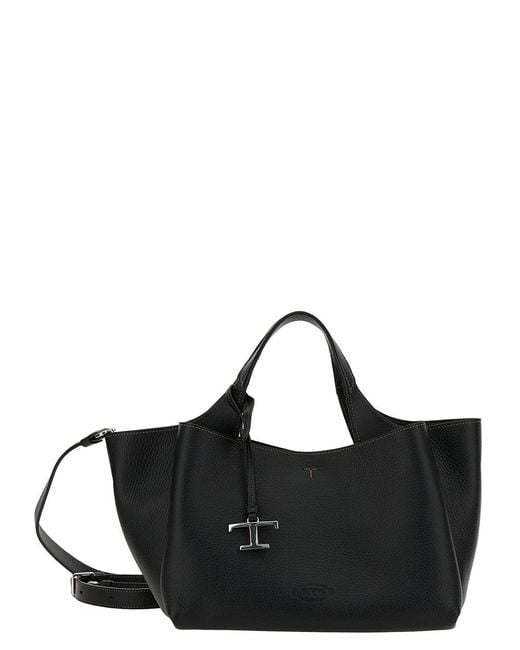 Tod's Black Handbag With Embossed Logo And T Timeless Charm In Grainy Leather Woman