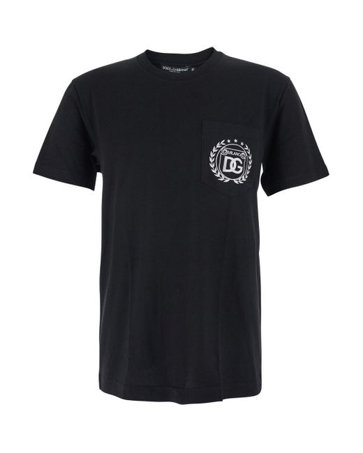 Dolce & Gabbana Black Crewneck T-Shirt With Logo Embroidery On The Front for men