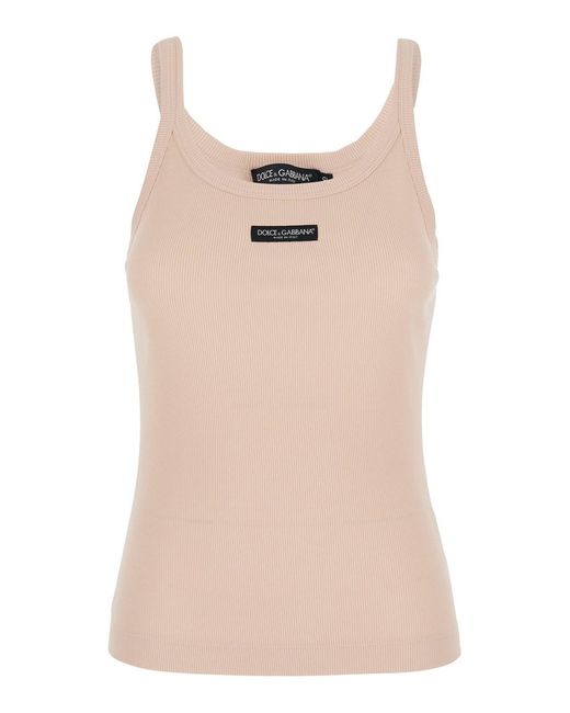 Dolce & Gabbana Natural Dolce & Gabbana Sleeveless Top With Round Neck And Logo Patch On The Front