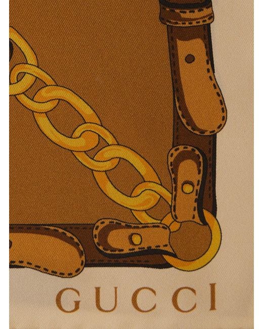Gucci Brown Square Scarf With Chain Print And Logo Lettering