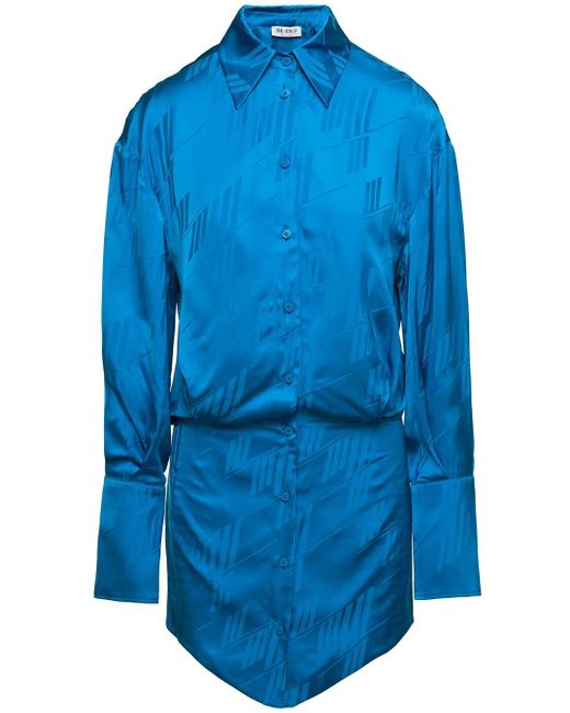 Mini abito camicia 'sylvie' con monogramma all-over in tessuto satinato mini di The Attico in Blue