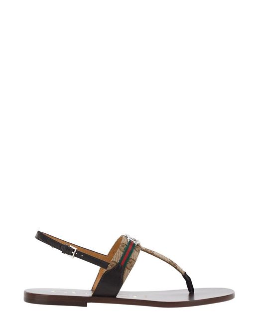 Gucci Brown 'Kika' Sandals Thong With Gg Plate On The Front And Web Detail